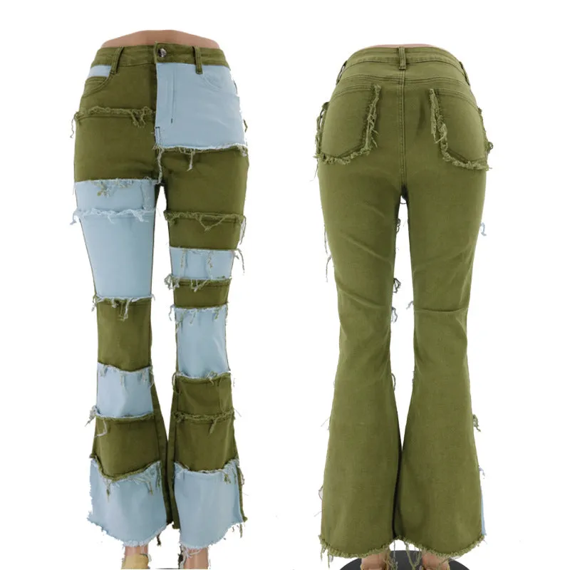 High Waist Colorblock Flare Denim Pants