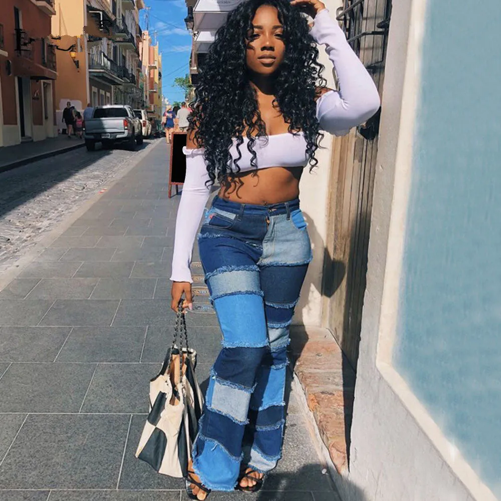 High Waist Colorblock Flare Denim Pants