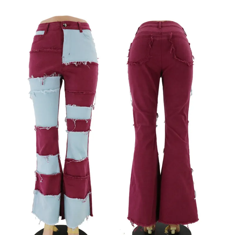 High Waist Colorblock Flare Denim Pants