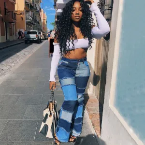 High Waist Colorblock Flare Denim Pants