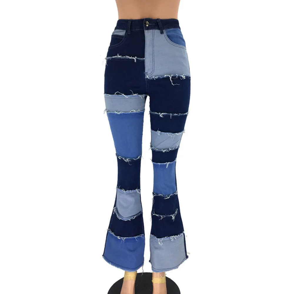 High Waist Colorblock Flare Denim Pants