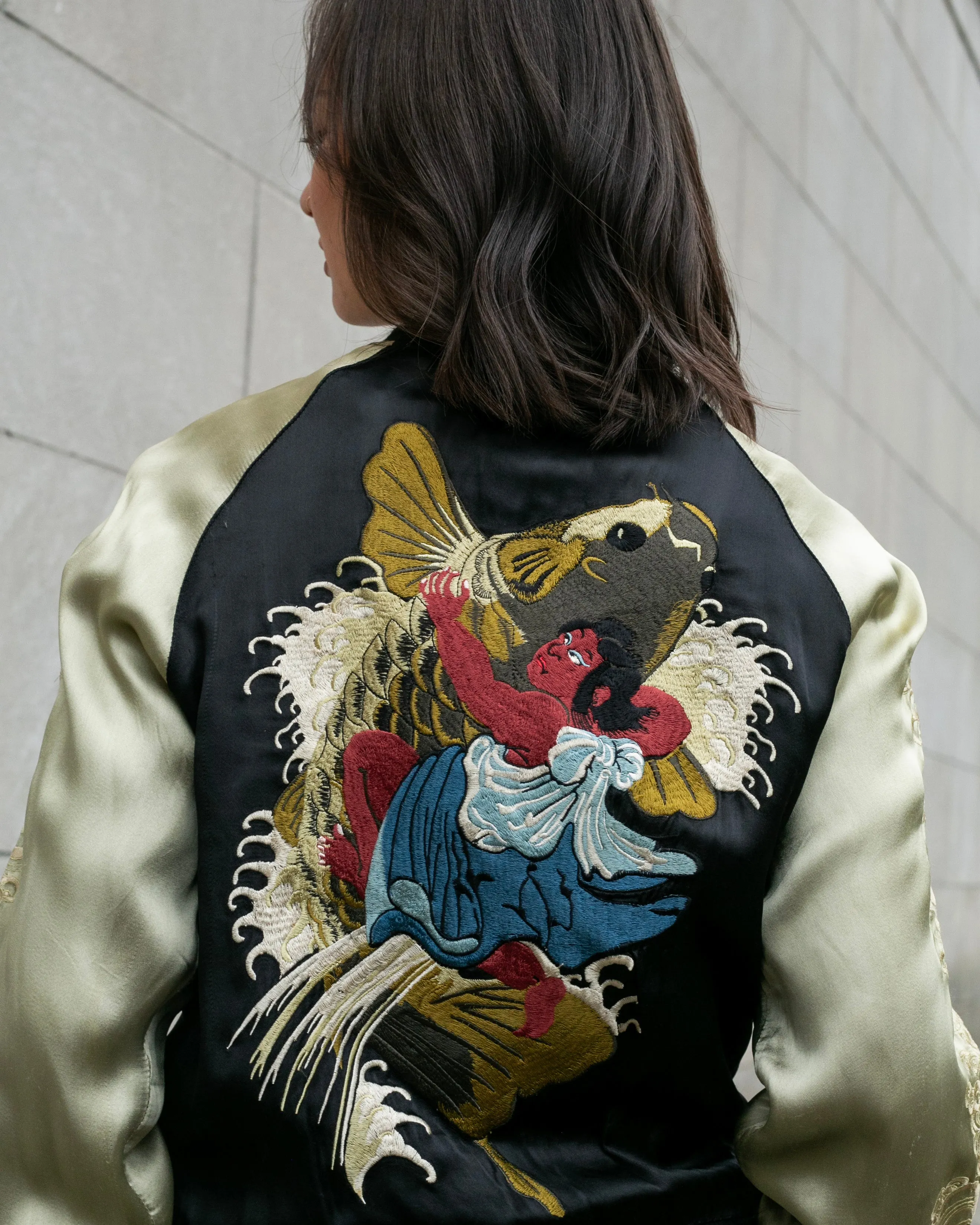 Japanese Repro Souvenir Jacket, Reversible, Black, Woman and Fish - S