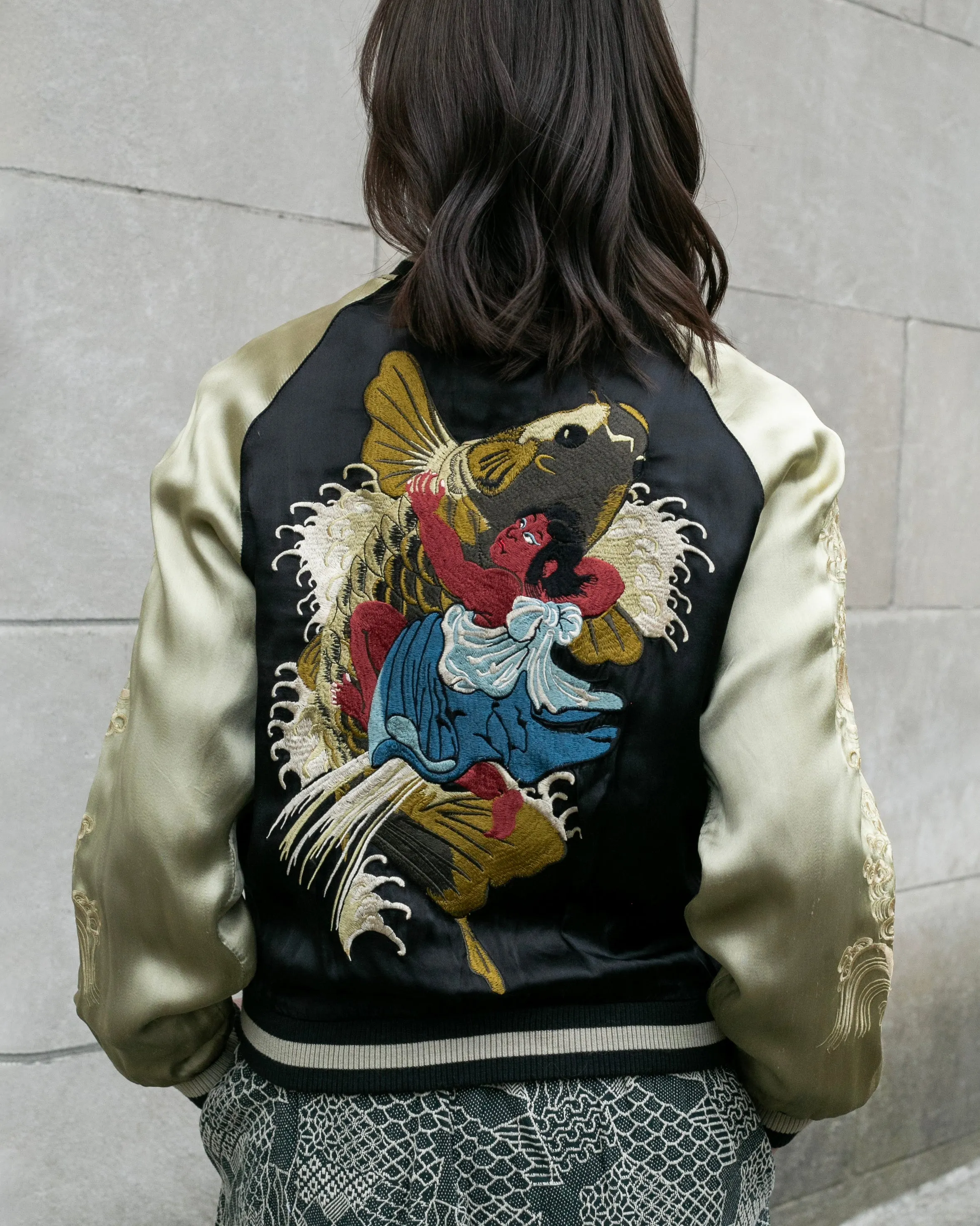 Japanese Repro Souvenir Jacket, Reversible, Black, Woman and Fish - S