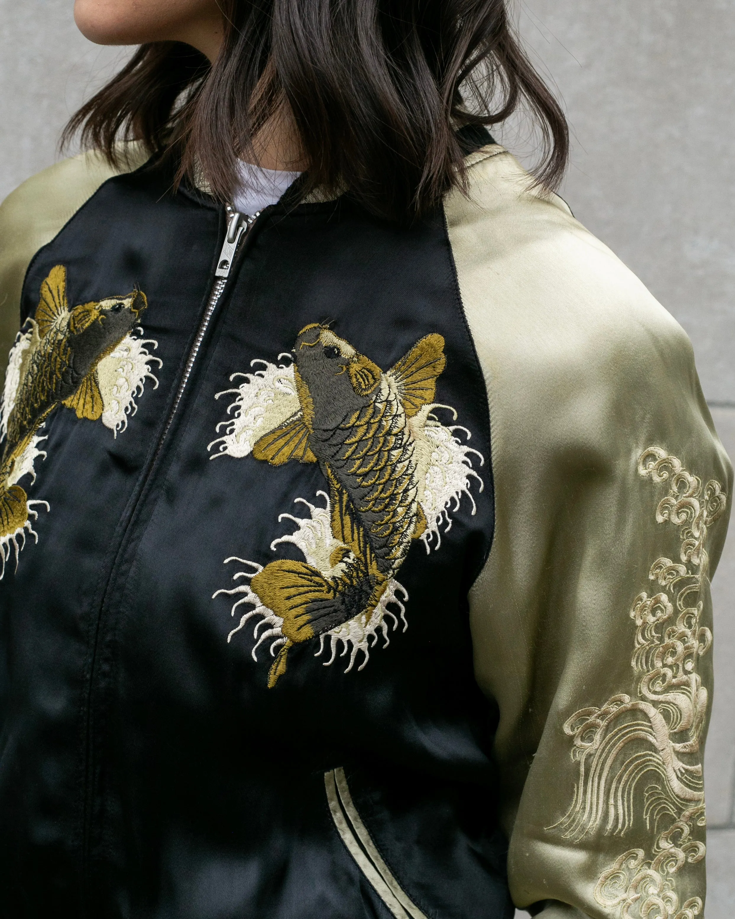 Japanese Repro Souvenir Jacket, Reversible, Black, Woman and Fish - S