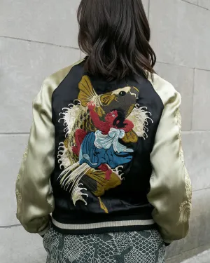 Japanese Repro Souvenir Jacket, Reversible, Black, Woman and Fish - S