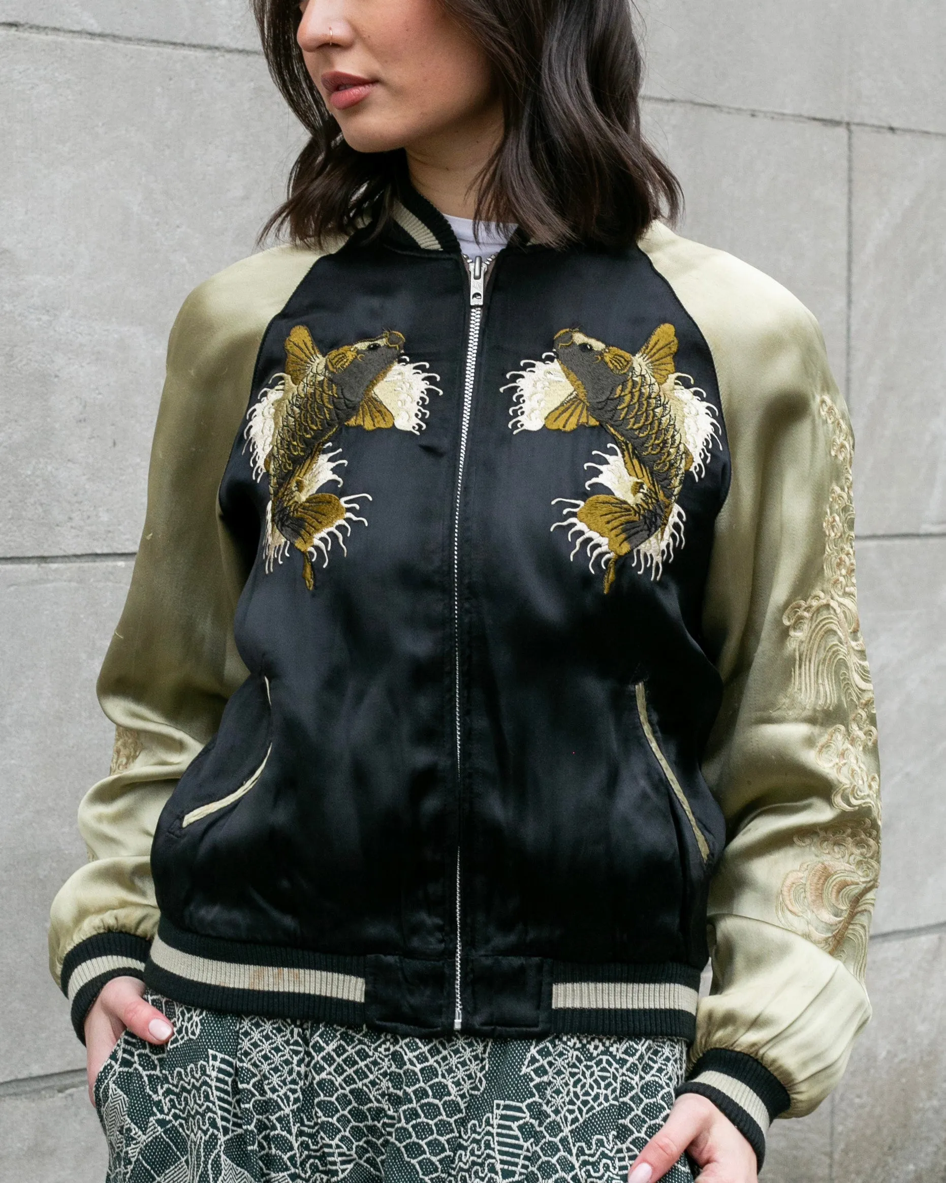 Japanese Repro Souvenir Jacket, Reversible, Black, Woman and Fish - S