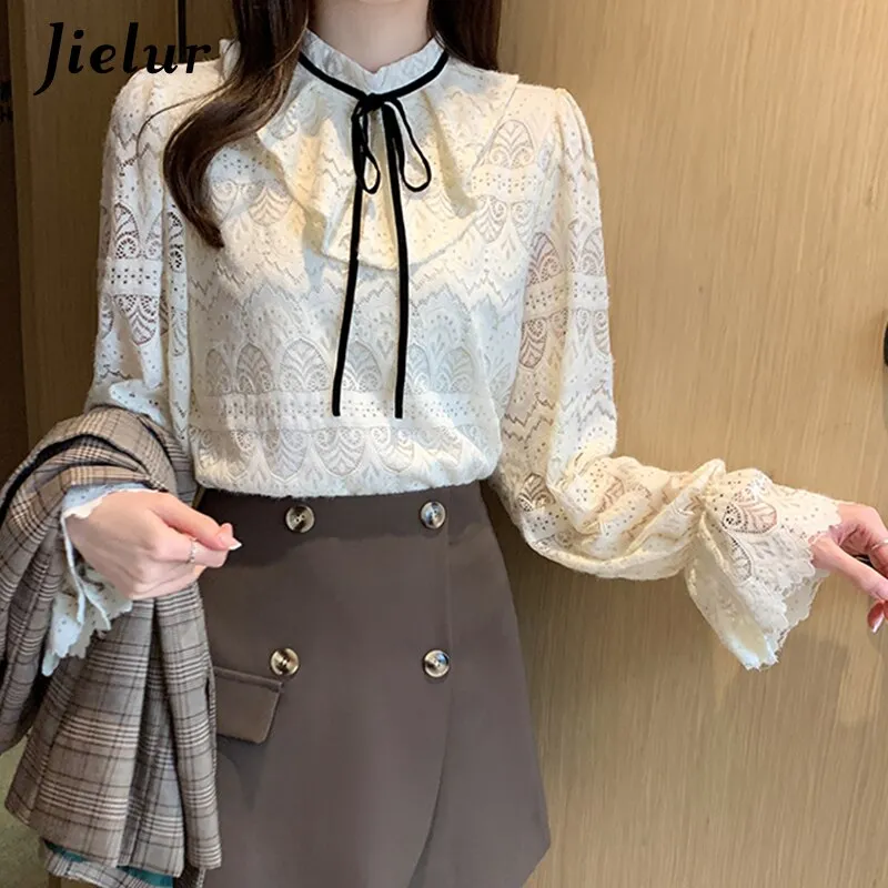 Jielur Elegant Tops Lace Blouses for Women 2021 Fashion Bow Lantern