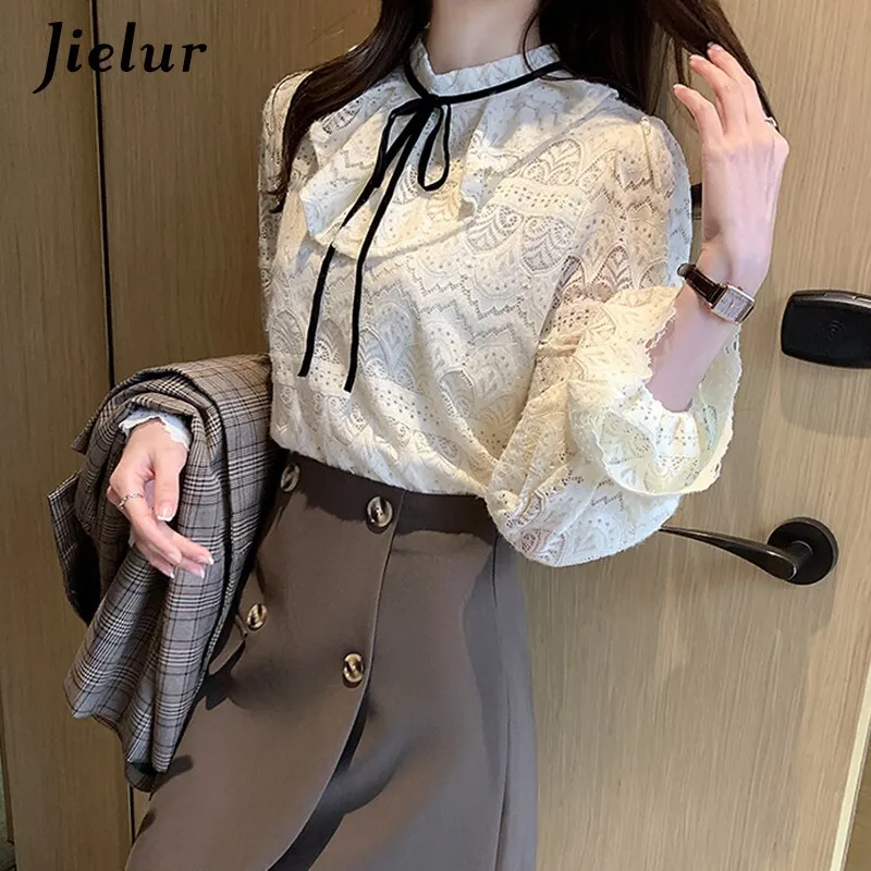 Jielur Elegant Tops Lace Blouses for Women 2021 Fashion Bow Lantern