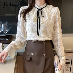 Jielur Elegant Tops Lace Blouses for Women 2021 Fashion Bow Lantern