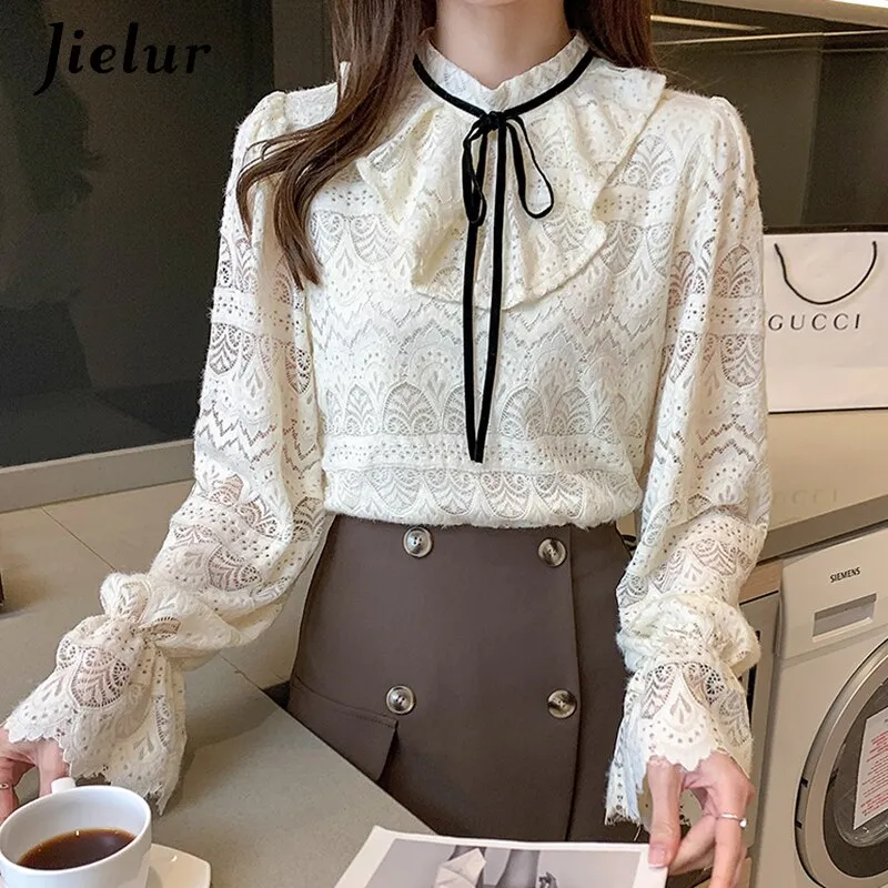 Jielur Elegant Tops Lace Blouses for Women 2021 Fashion Bow Lantern