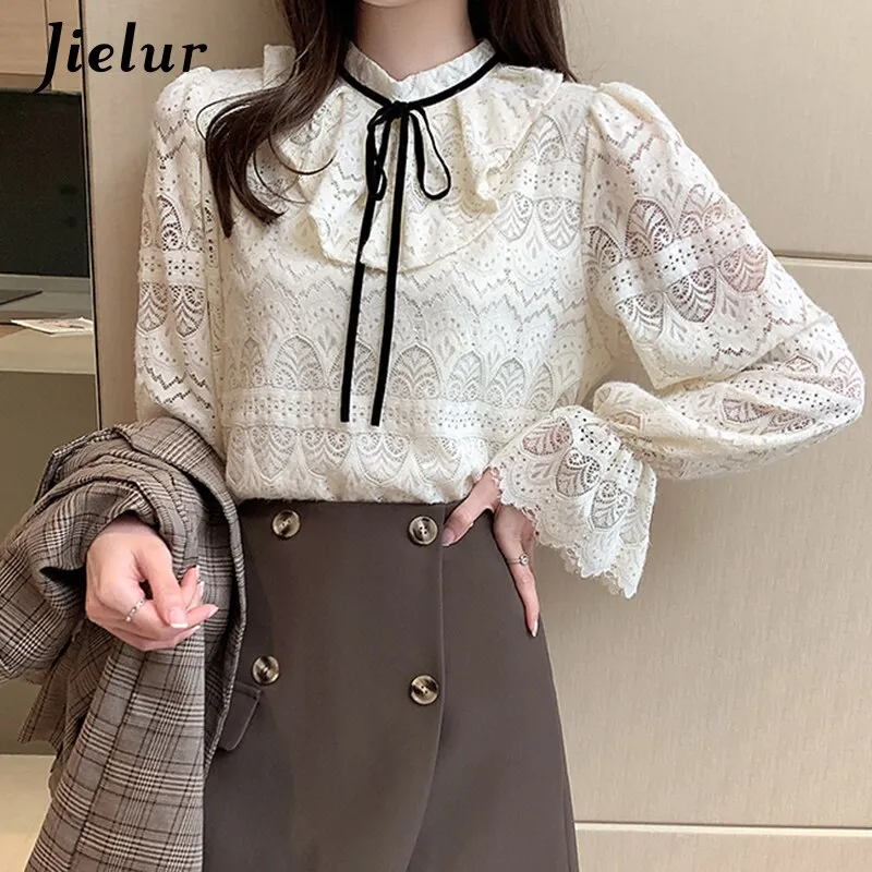 Jielur Elegant Tops Lace Blouses for Women 2021 Fashion Bow Lantern