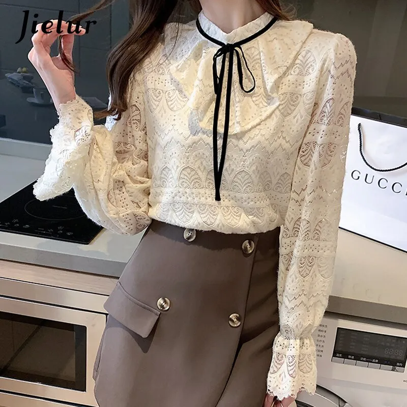 Jielur Elegant Tops Lace Blouses for Women 2021 Fashion Bow Lantern