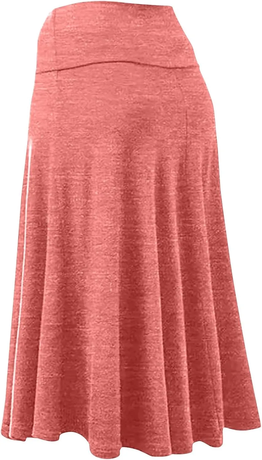 JJHAEVDY Women's Basic Midi Skirt Versatile Stretchy Flared Summer Casual High Waisted Skirt Pleated A-Line Skirts