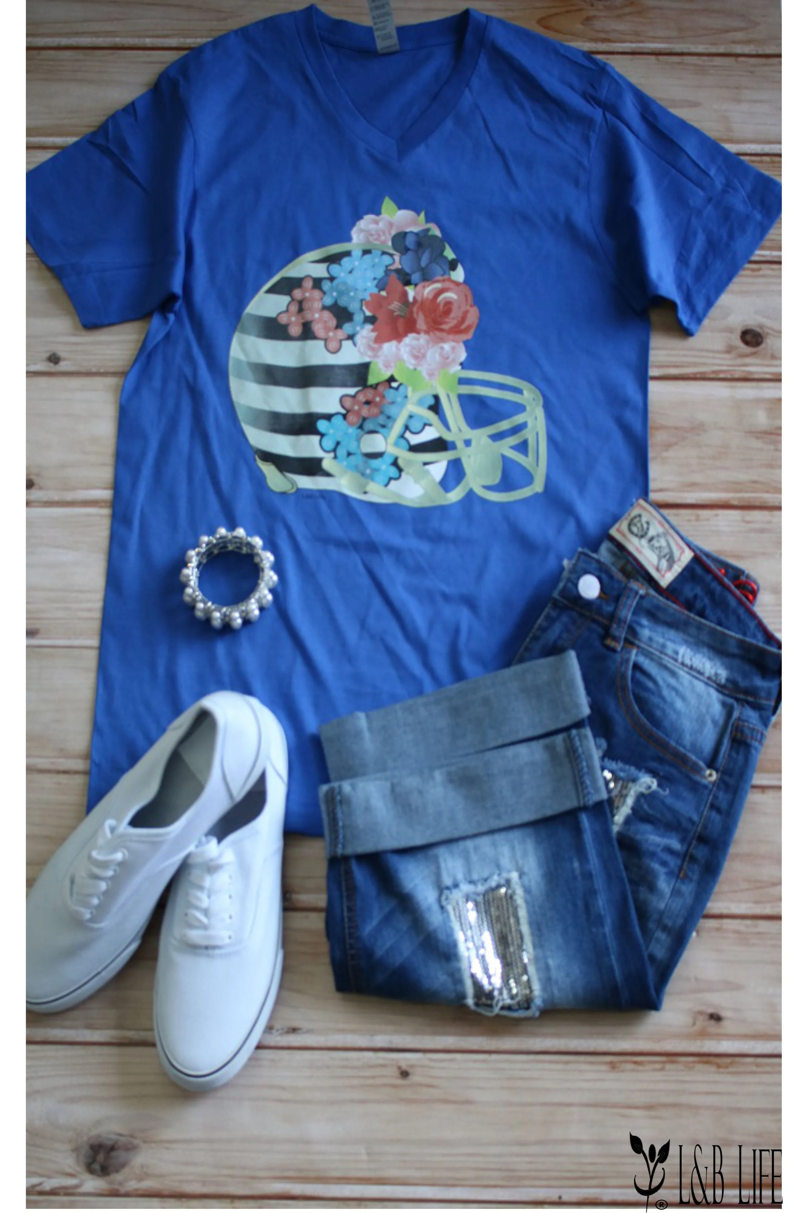 L And B Tees Royal Blue Floral Helmet Tee