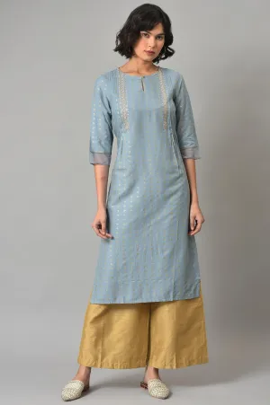 Light Blue Embroidered kurta With Gold Parallel Pants