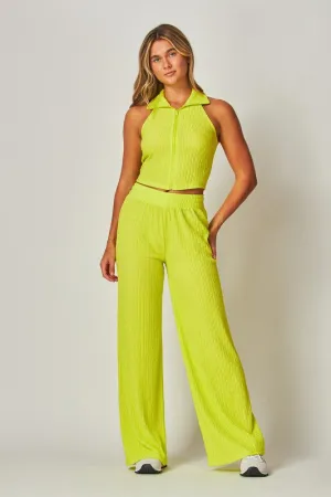 Lime Jewel Crinkle Textured Collar Zip-up 2pc Loungewear Set