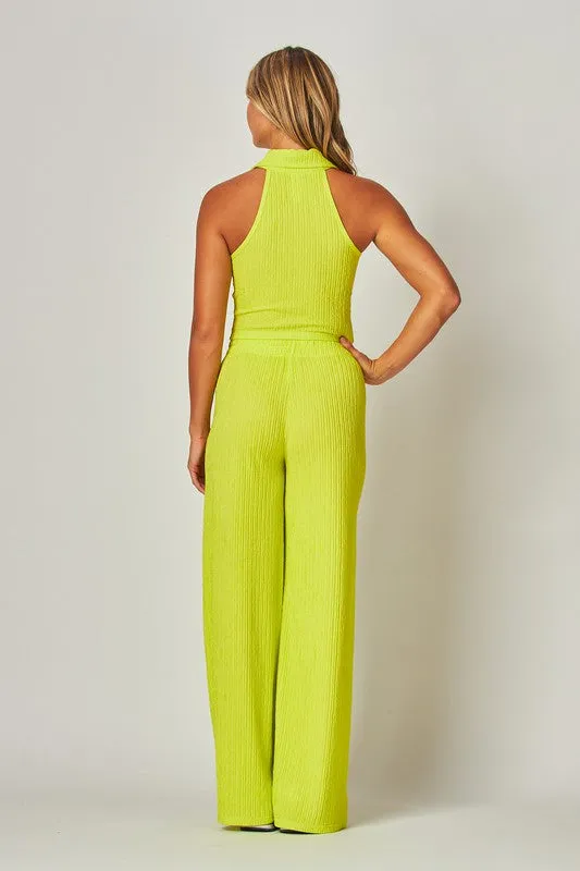 Lime Jewel Crinkle Textured Collar Zip-up 2pc Loungewear Set