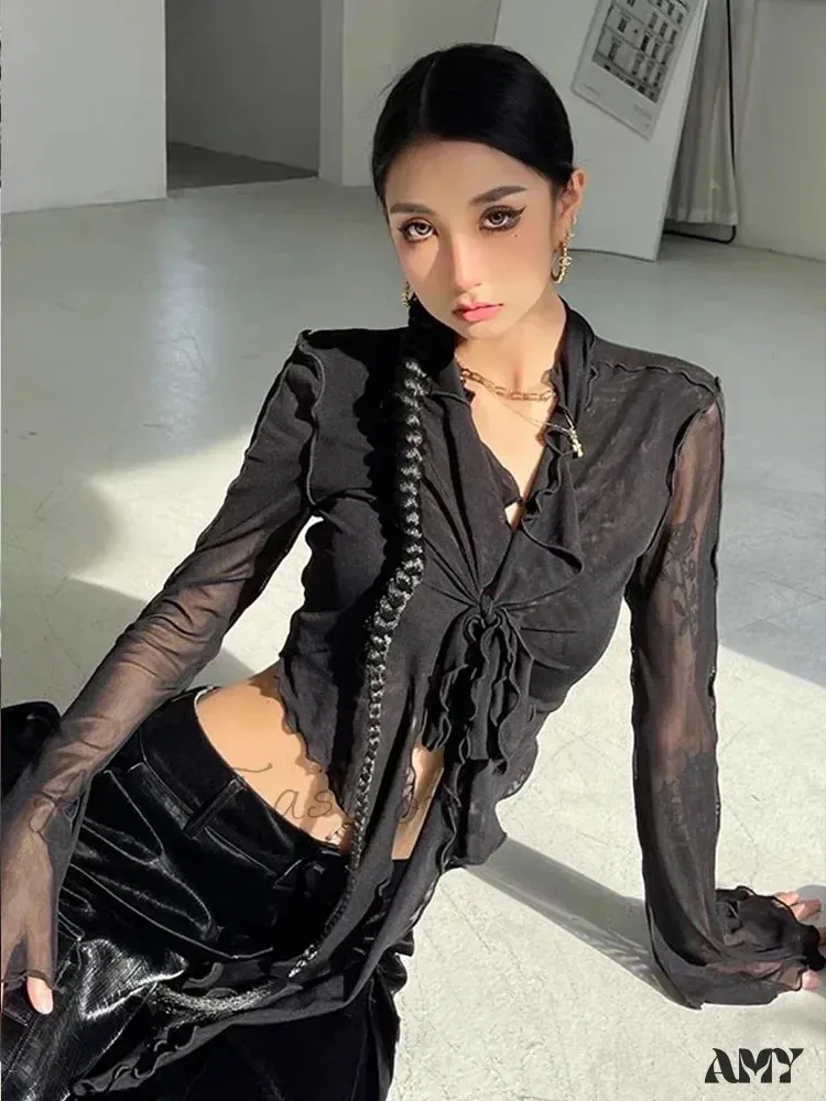 Long Flare Sleeve Lace-up Mesh Sexy Sweet Elegant Casual Blouse