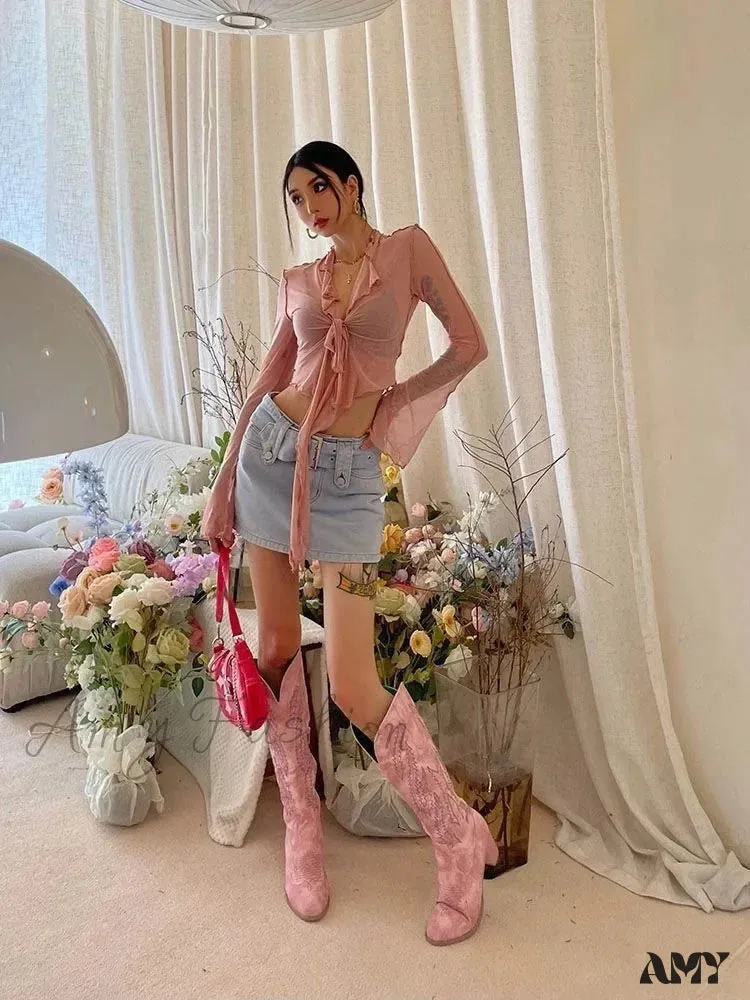 Long Flare Sleeve Lace-up Mesh Sexy Sweet Elegant Casual Blouse