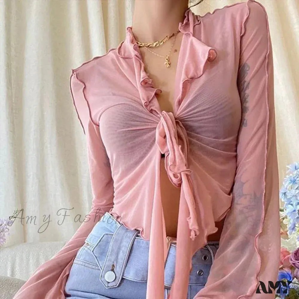 Long Flare Sleeve Lace-up Mesh Sexy Sweet Elegant Casual Blouse