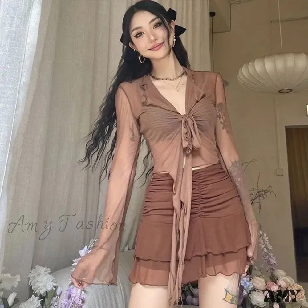 Long Flare Sleeve Lace-up Mesh Sexy Sweet Elegant Casual Blouse