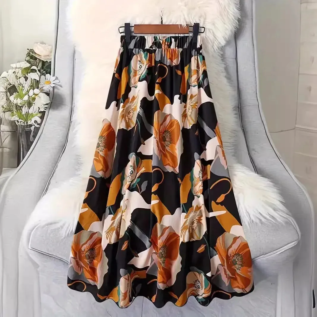 LVSANW Elastic Waistprinting Long Skirt 2025 New Spring Summer Micro-translucent Versatile Commuting A- line Umbrella Skirt