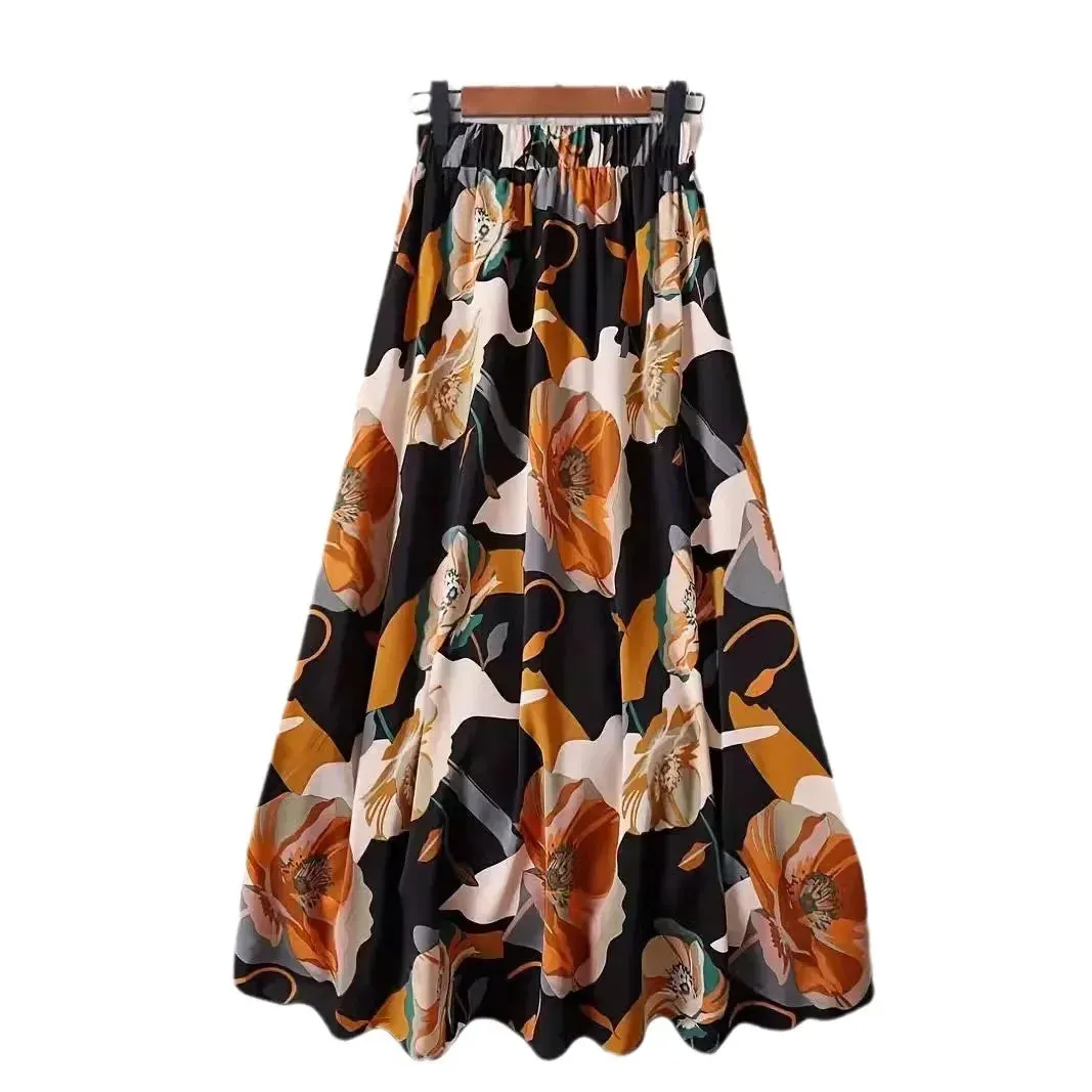 LVSANW Elastic Waistprinting Long Skirt 2025 New Spring Summer Micro-translucent Versatile Commuting A- line Umbrella Skirt