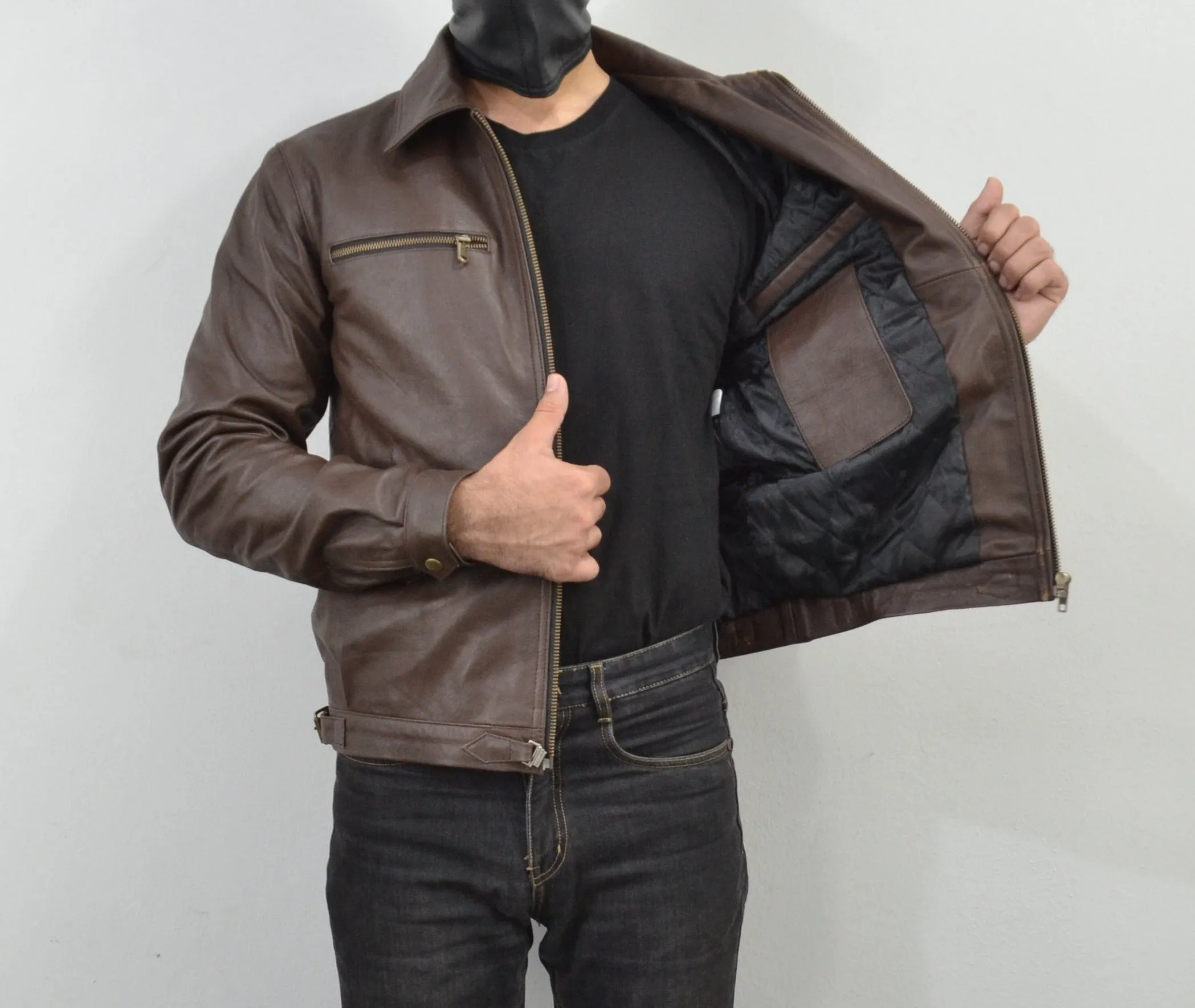Mens Brown Four Pocket Cafe Racer Real Leather Jacket