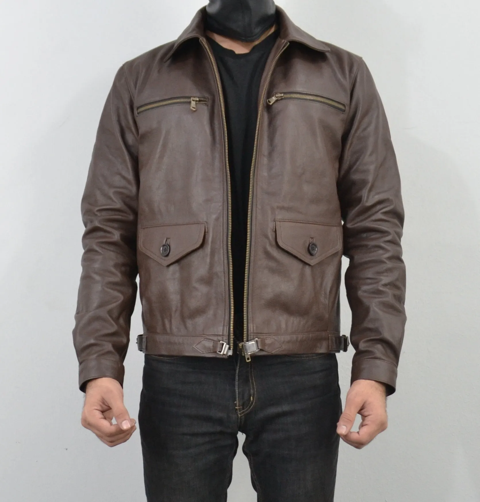 Mens Brown Four Pocket Cafe Racer Real Leather Jacket