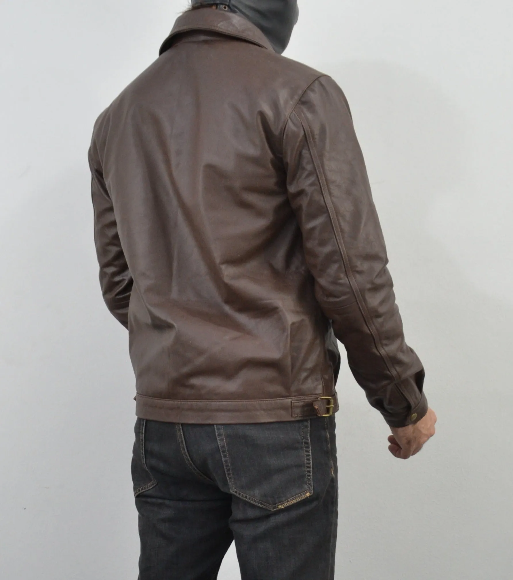 Mens Brown Four Pocket Cafe Racer Real Leather Jacket