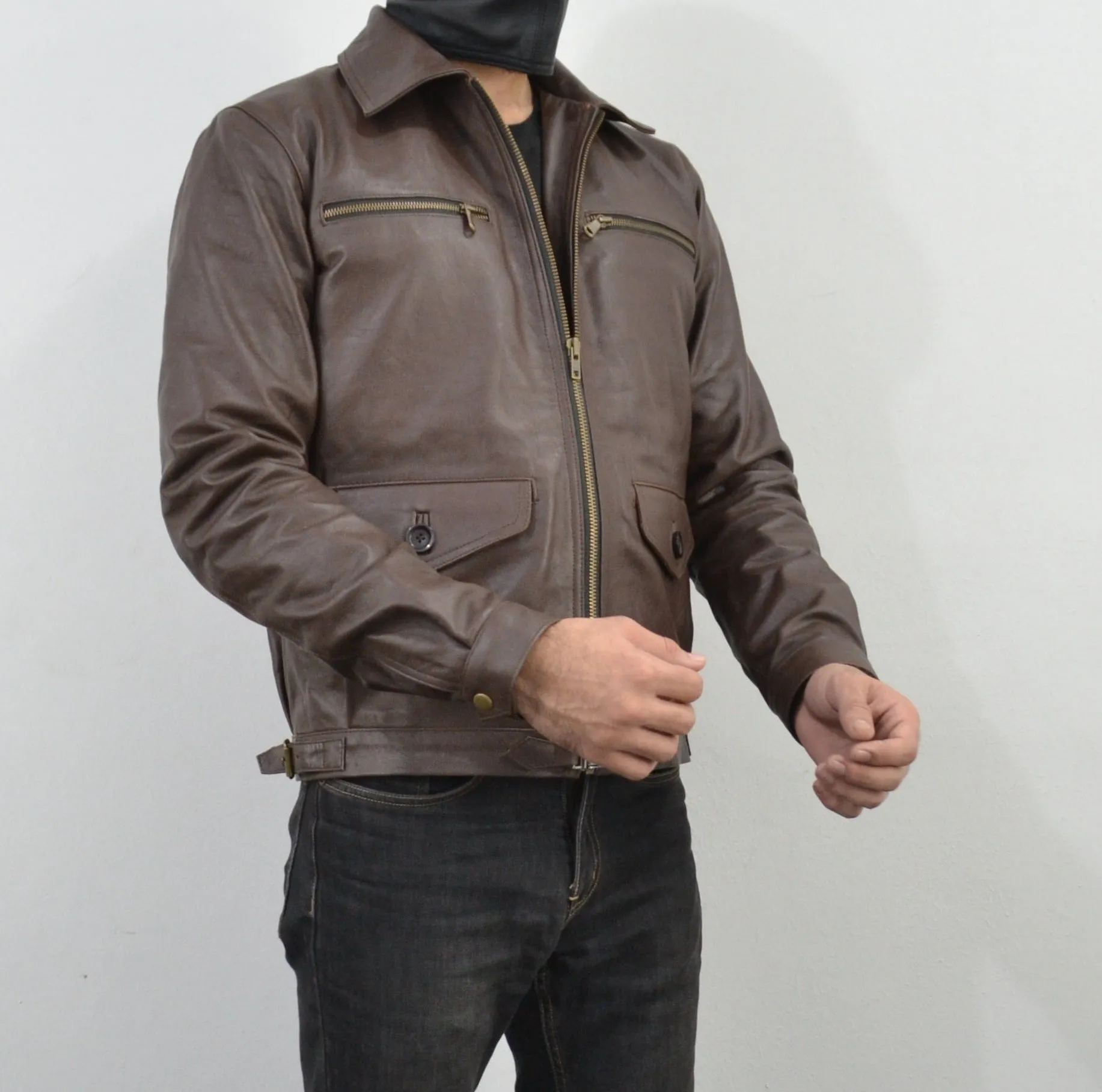 Mens Brown Four Pocket Cafe Racer Real Leather Jacket