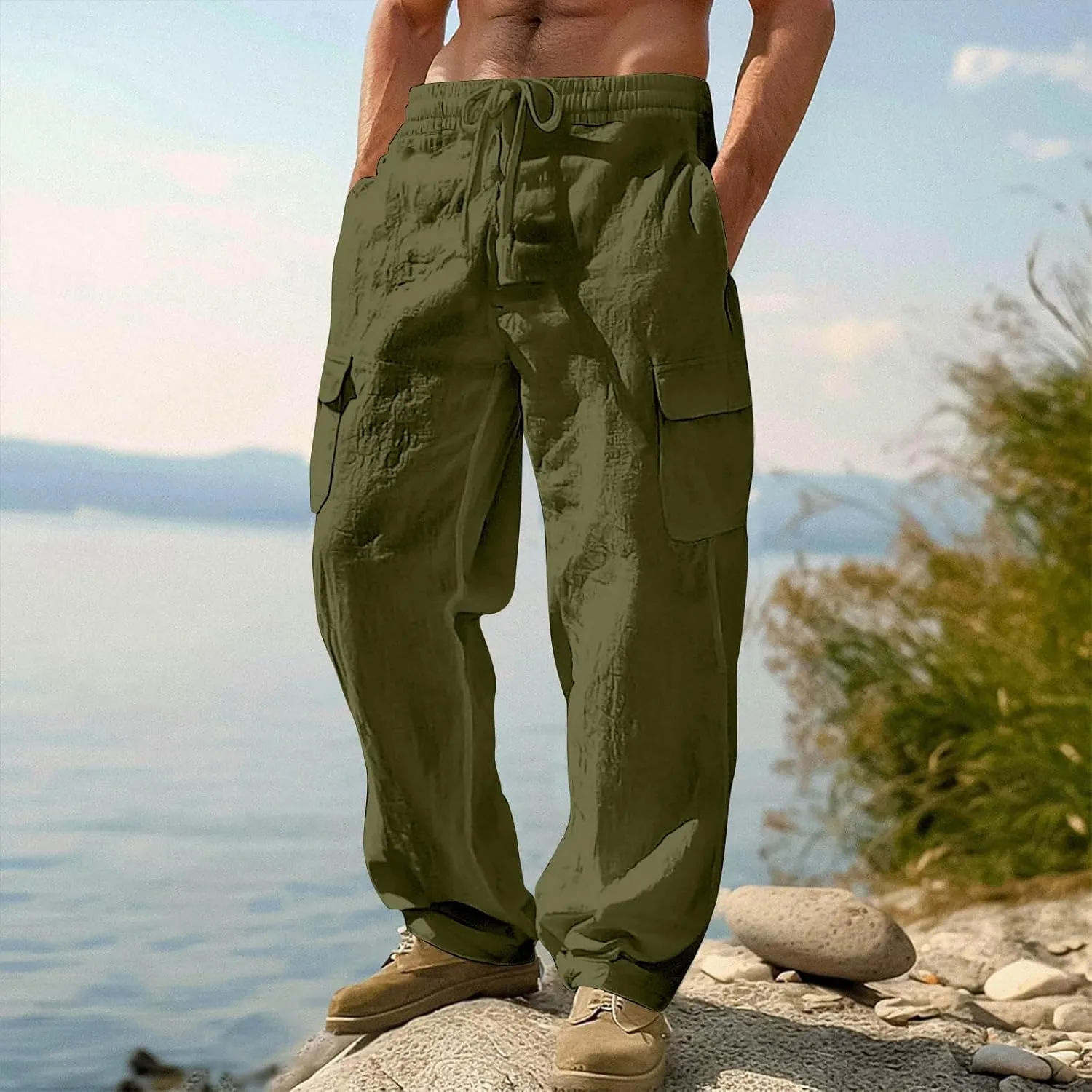 Men's Drawstring Multi Pocket Casual Cargo Pants Hiking Cotton Pants