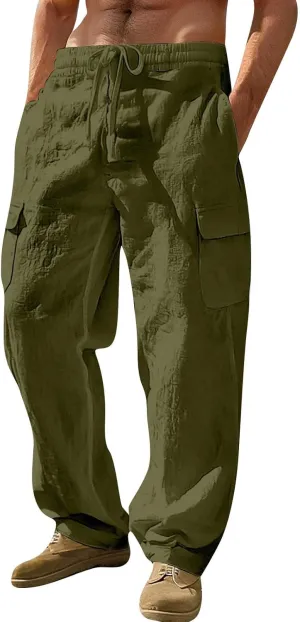 Men's Drawstring Multi Pocket Casual Cargo Pants Hiking Cotton Pants