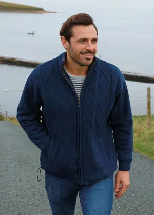 Mens Lined Wool Aran Cardigan | Blue