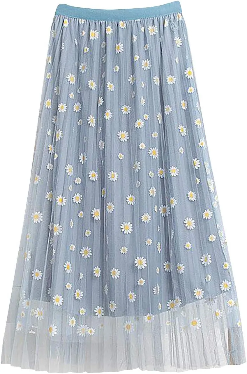 Midi Skirts for Women Swing Pleated Floral Printed Women Overlay Waist A-LineTulle Elastic Big Mid Length Skirts