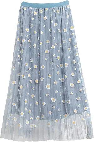 Midi Skirts for Women Swing Pleated Floral Printed Women Overlay Waist A-LineTulle Elastic Big Mid Length Skirts