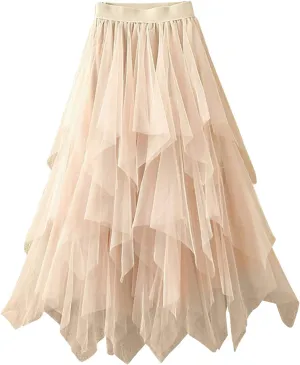 Midi Skirts for Women Swing Pleated Floral Printed Women Overlay Waist A-LineTulle Elastic Big Mid Length Skirts