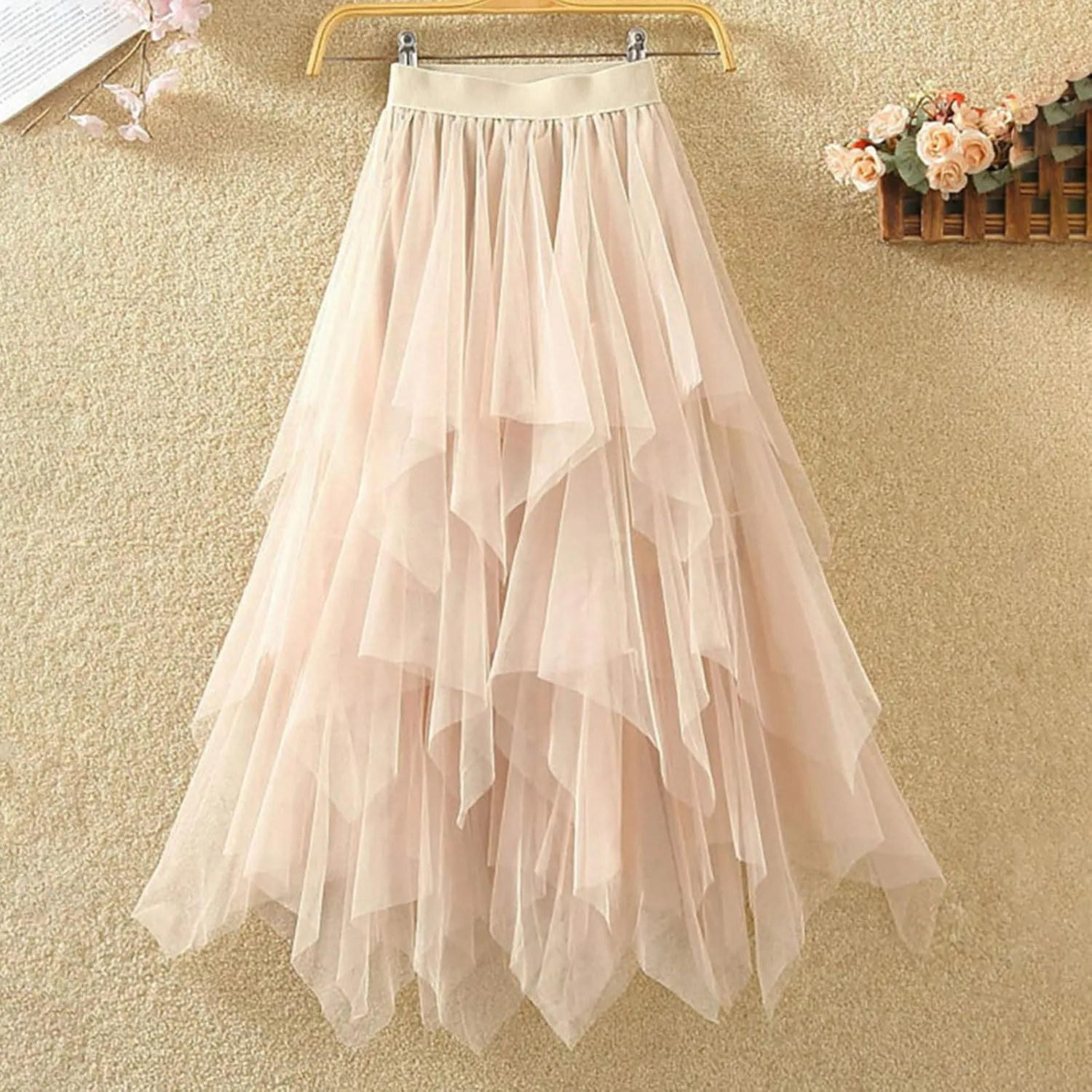 Midi Skirts for Women Swing Pleated Floral Printed Women Overlay Waist A-LineTulle Elastic Big Mid Length Skirts