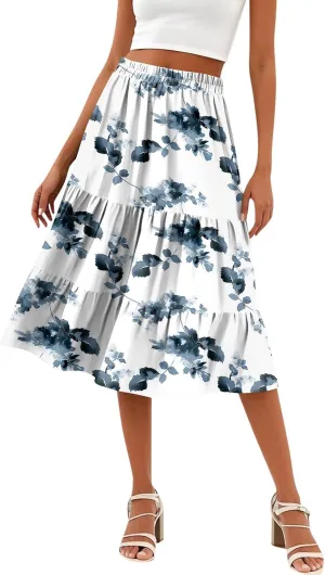 midi Tiered Skirts for Women Summer Boho Floral high Elastic Waist a line Skirts Long Ruffle Flowy Vacation Skort