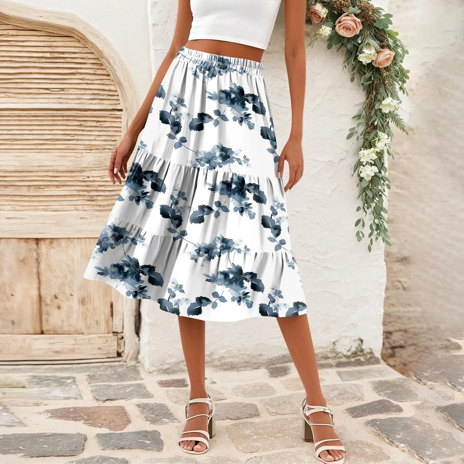 midi Tiered Skirts for Women Summer Boho Floral high Elastic Waist a line Skirts Long Ruffle Flowy Vacation Skort