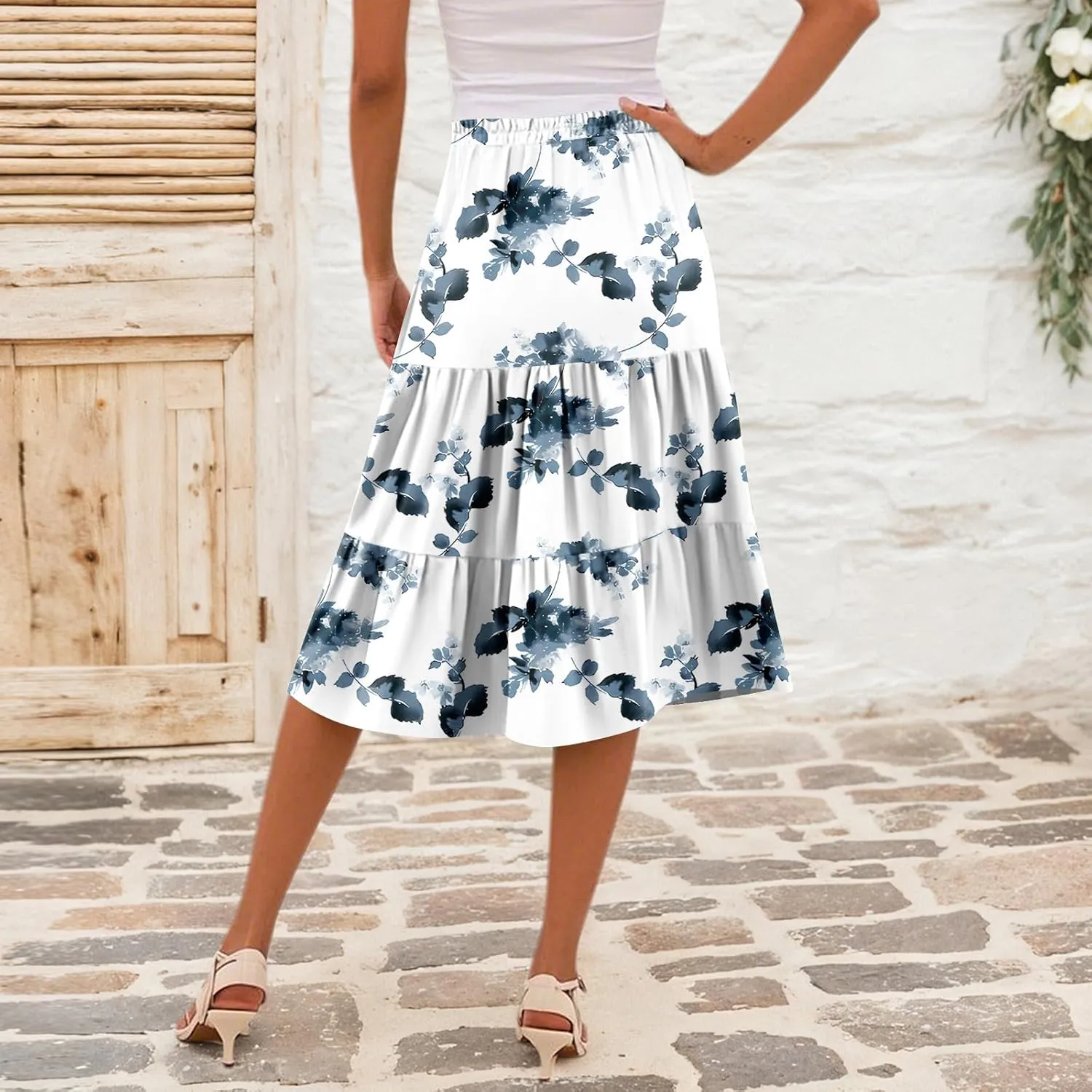 midi Tiered Skirts for Women Summer Boho Floral high Elastic Waist a line Skirts Long Ruffle Flowy Vacation Skort