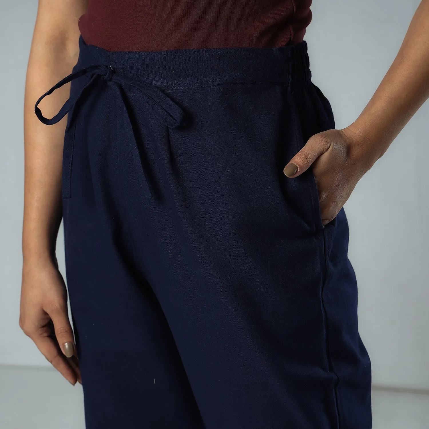 Navy Blue Texture Plain Dyed Cotton Relaxed Fit Pant