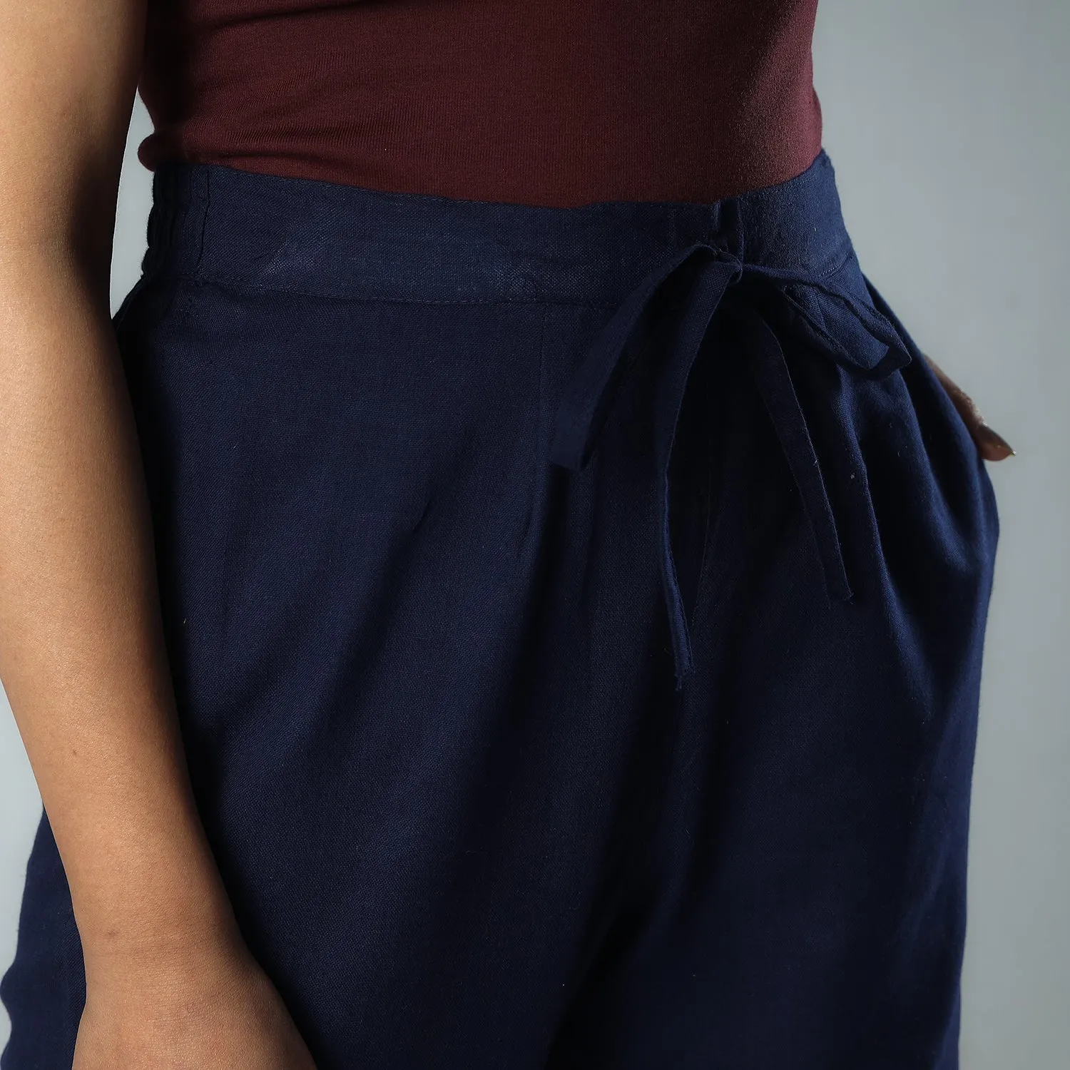 Navy Blue Texture Plain Dyed Cotton Relaxed Fit Pant