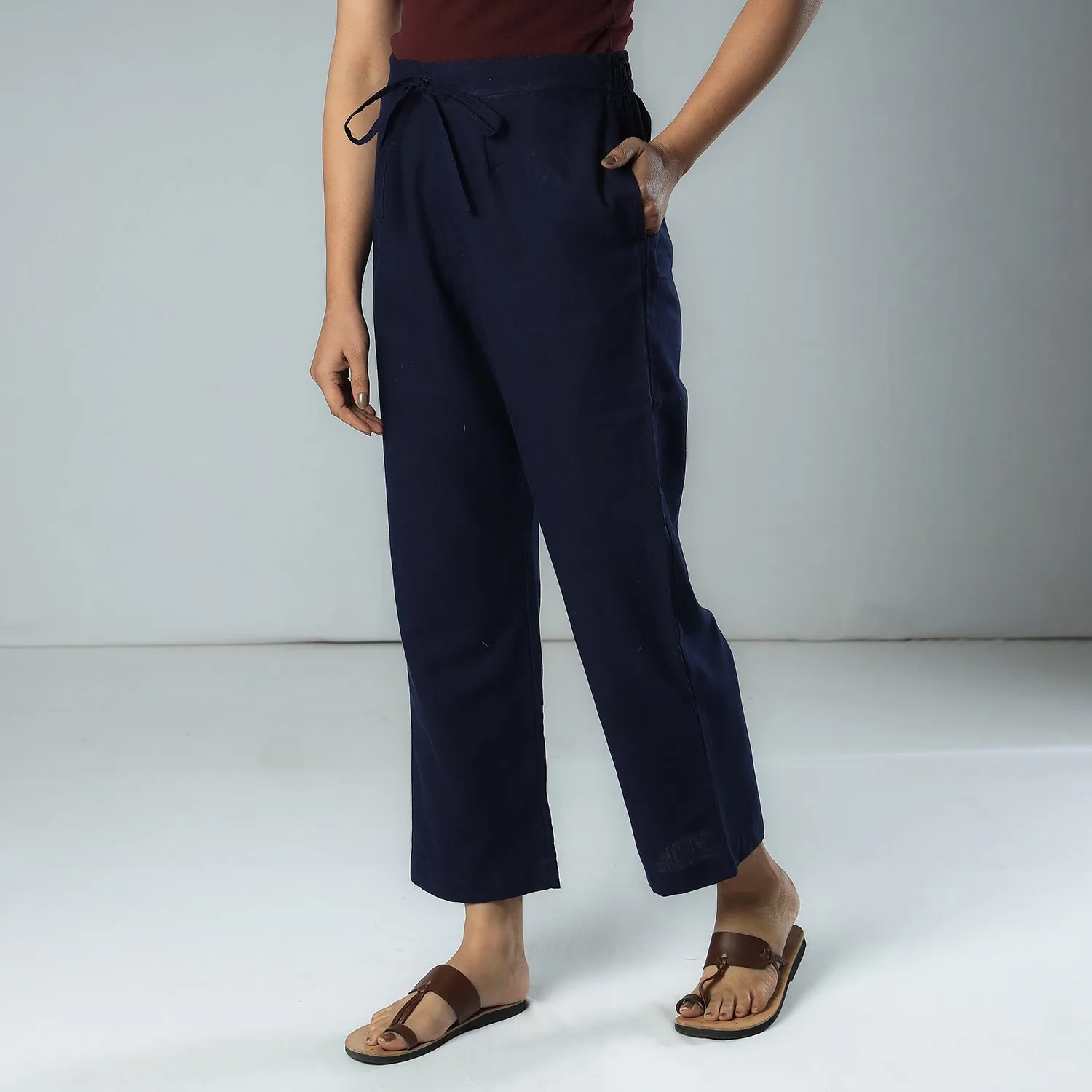 Navy Blue Texture Plain Dyed Cotton Relaxed Fit Pant