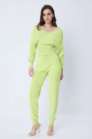 Neon Green Knit Long Slv Top And Jogger Pants Set