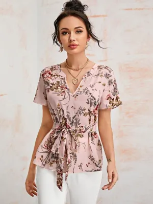 Notched Neck Belted Floral Top