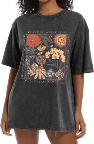 Oversized Floral Shirts for Women Vintage Boho Graphic Tees Retro Acid Wash Printed Tshirt Groovy Wildflower Tops
