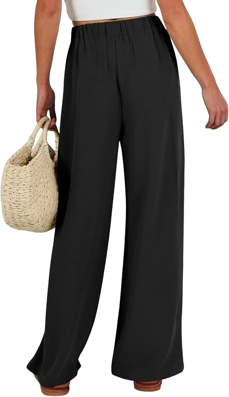 Palazzo Pants for Women Casual Drawstring High Waisted Summer Flowy Pants Breathable Wide Leg Trousers with Pockets