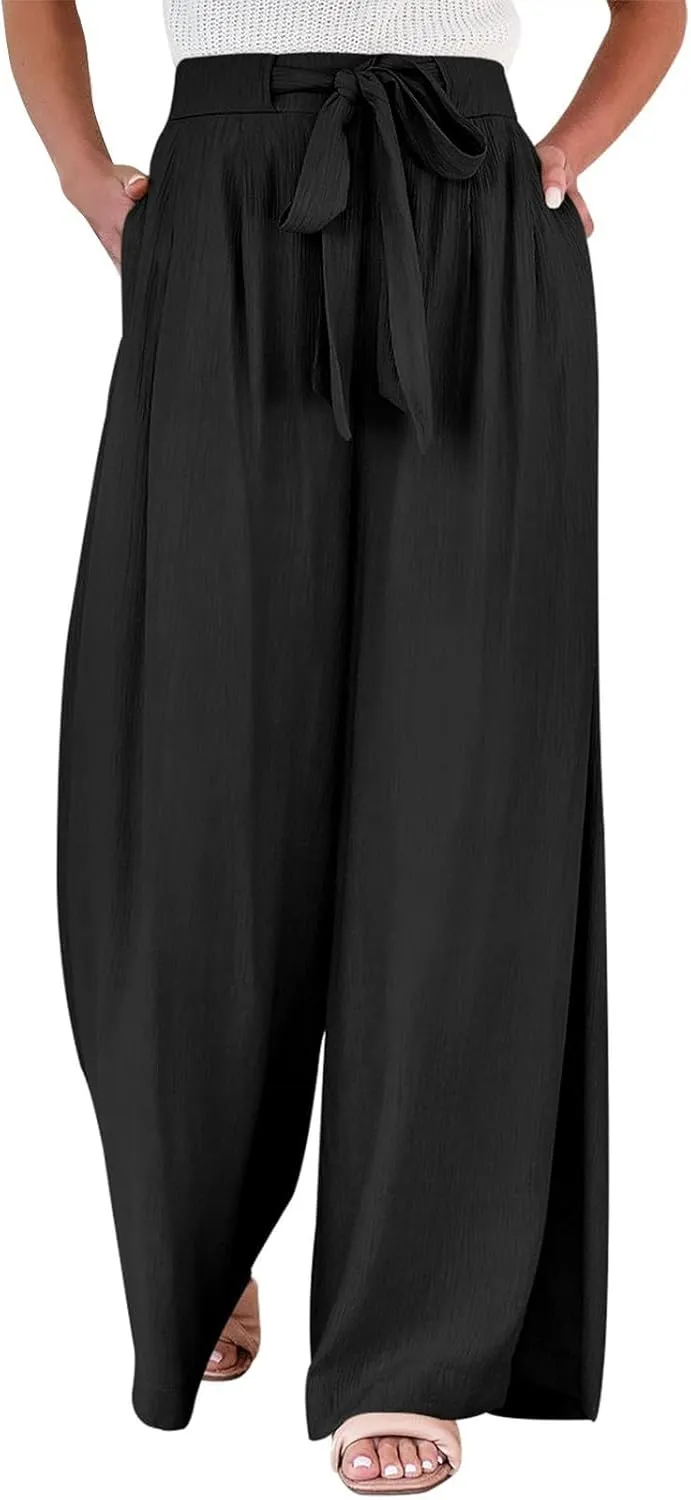 Palazzo Pants for Women Casual Drawstring High Waisted Summer Flowy Pants Breathable Wide Leg Trousers with Pockets