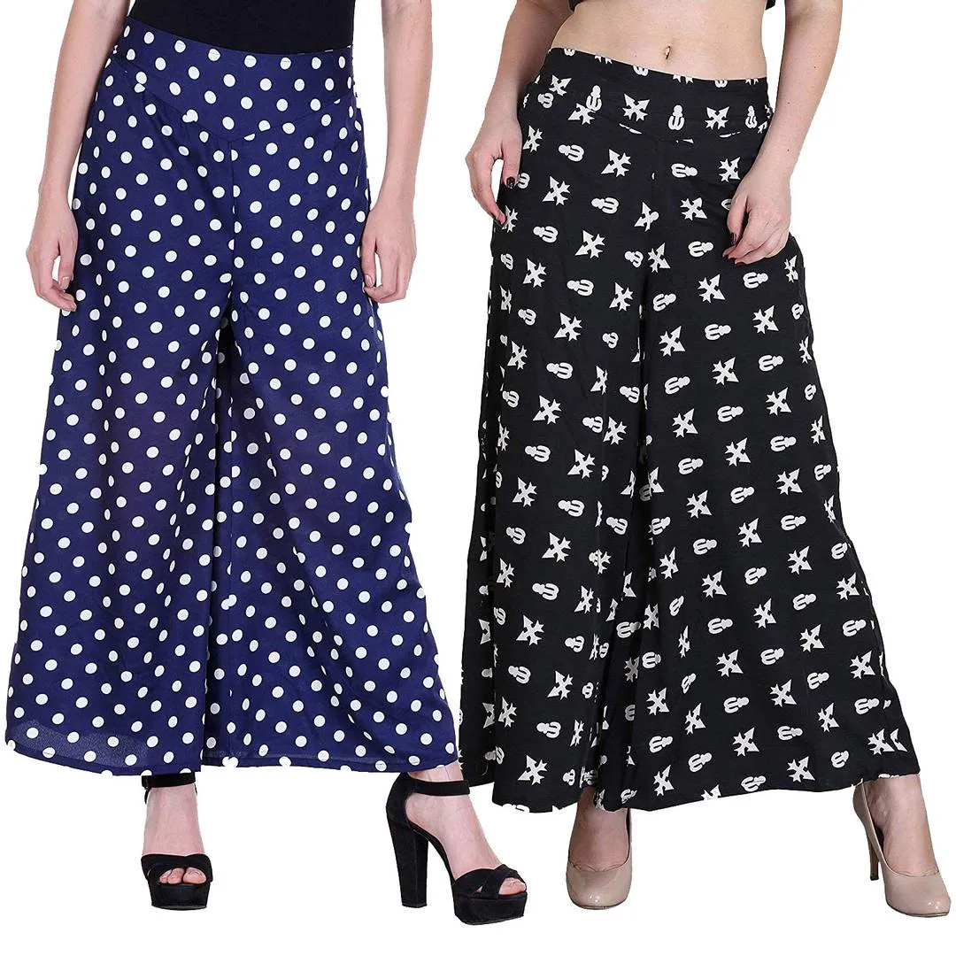 Printed Crepe Palazzo/Trouser Combo Pack of 2 (Blue Polka Dot and Trishul)